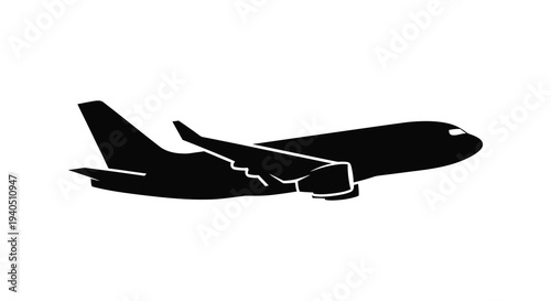 A stark black silhouette of a commercial passenger airplane in flight against a plain white background silhouette high quality professional detailed