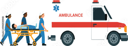Emergency Medical Team Transporting Patient to Ambulance with Stretcher for Hospital Rescue and Healthcare Vector Illustration