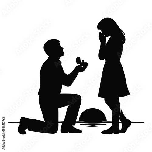 Silhouette of a man proposing to a woman with a ring, isolated on sunset background