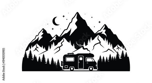 Mountain landscape with camper van and crescent moon silhouette