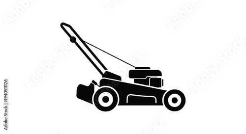 Black silhouette of a lawnmower against a white background silhouette