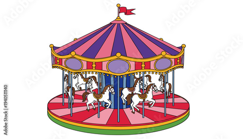 Professional Carnival Carousel Vector Illustration Featuring a Purple and Pink Striped Merry Go Round with White Horses for Amusement Park Branding and Fairground Marketing