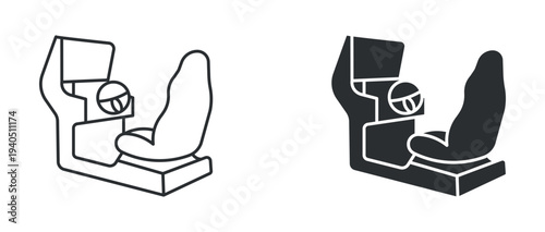 Racing simulator arcade machine icon set, driving game cabinet entertainment symbol, outline and solid silhouette style. Vector illustration.