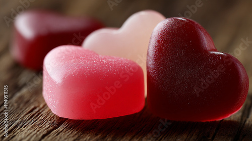 Three red heart-shaped gummy candies arranged on a wooden surface