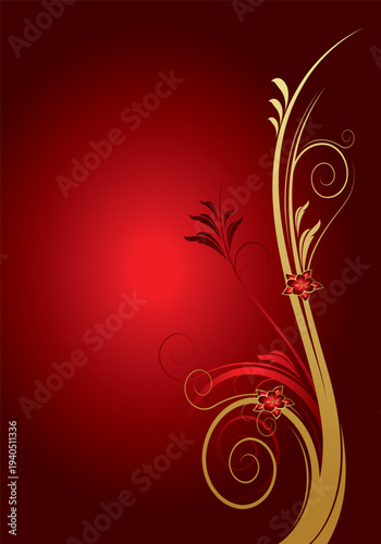 Red Luxury Floral Background with Golden Decorative Swirl Ornament
