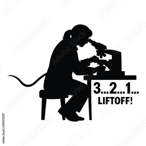 Scientist looking through microscope with countdown to liftoff text