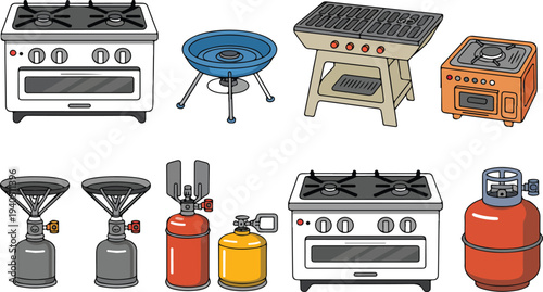 Portable Gas Stove and Camping Cooker Vector Illustration Collection Featuring Two-Burner Ranges, Small Camp Stoves, and a Propane Tank for Outdoor and Kitchen Equipment Concepts