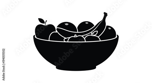 A black silhouette of assorted fruits overflowing from a bowl