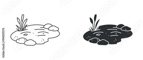 Pond landscape icon set, small lake with stones and plants nature water symbol, outline and solid silhouette style. Vector illustration.