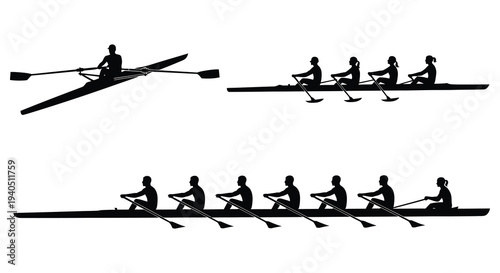 A striking depiction of rowing teams in action presented as a bold black silhouette high quality professional detailed modern elegant stylish