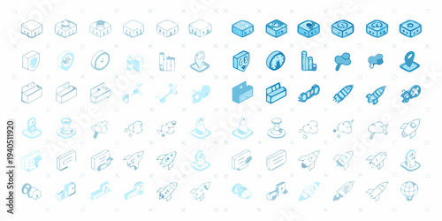 Isometric blue icons depicting technology gaming and futuristic concepts