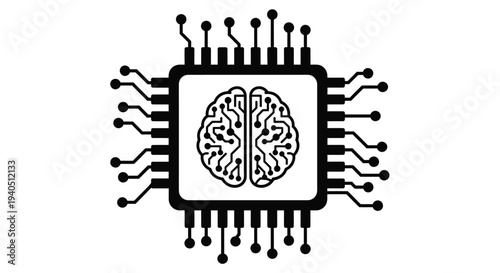 A black silhouette of a brain within a microchip s framework silhouette