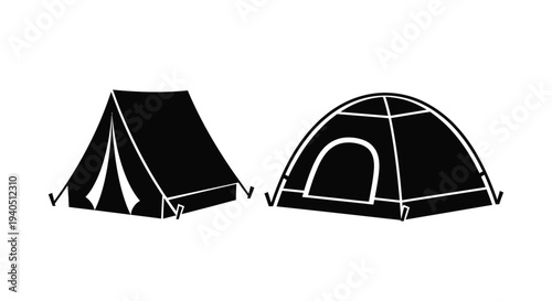 Two camping tents are displayed in a stark black silhouette