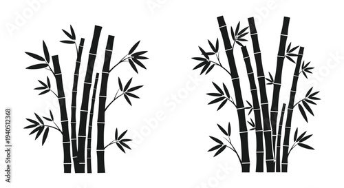 Two bamboo stalks with leaves presented as a black silhouette
