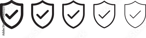 Shield check mark icon set security protection verification safety approval black and white. security icon with check mark and lock sign