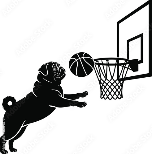Pug playing basketball and jumping to dunk ball into hoop 1
