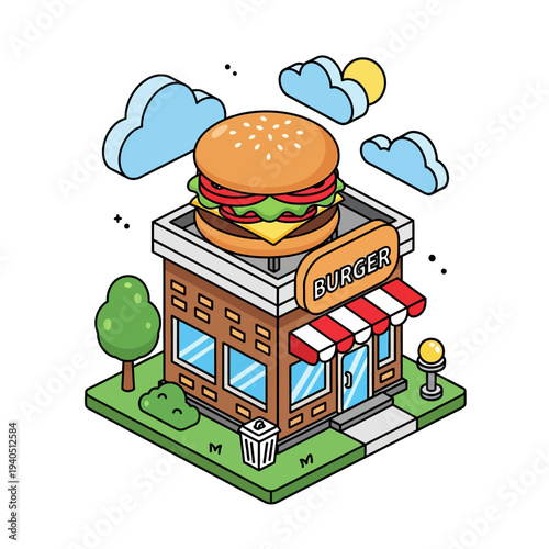 Cartoon Burger Restaurant Building Illustration.