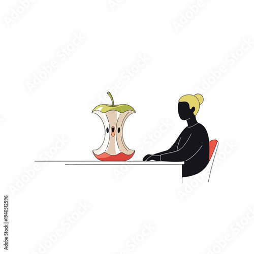 Woman sitting at table with apple core, healthy eating concept