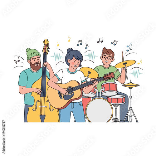 Diverse band playing music with acoustic guitar, double bass, and drums in a studio