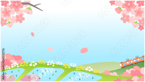 Spring Japanese Countryside with Cherry Blossoms