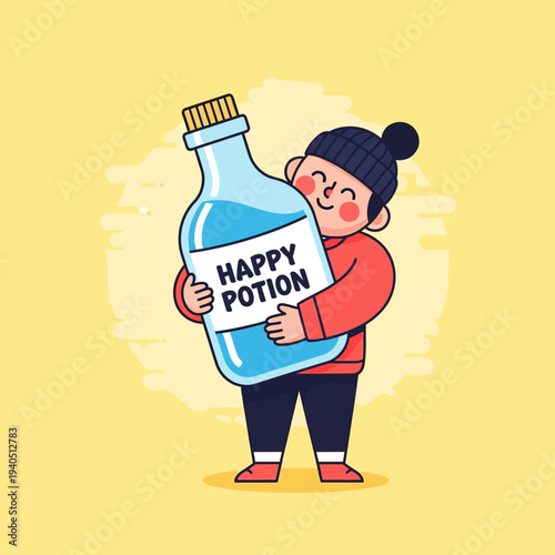 Happy Child Hugging Giant Bottle of "Happy Potion" - Joyful Concept