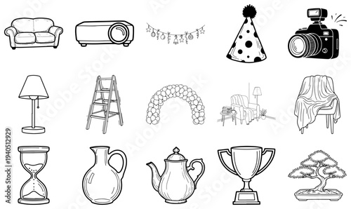 Black and white line of various household and decorative