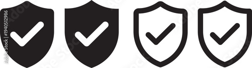 Shield check mark icon set security protection verification safety approval black and white. security icon with check mark and lock sign