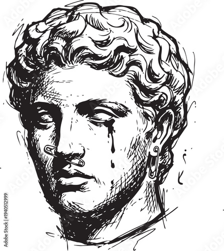 A striking black and white sketch of a classical statue's head, depicting a poignant expression with a tear and a pierced nose
