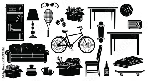 A collection of everyday objects including furniture sports equipment and household items depicted in black silhouette high quality professional detailed modern