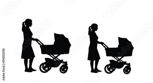 Mother pushing a baby stroller depicted twice as a dark silhouette