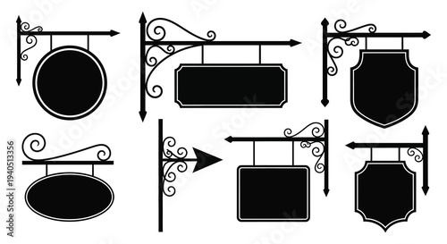 A collection of ornate black sign brackets and blank signage shapes displayed against a white background silhouette high quality professional detailed