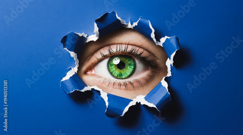 Intense Green Human Eye Peering Through Torn Hole in Blue Paper Surveillance Concept