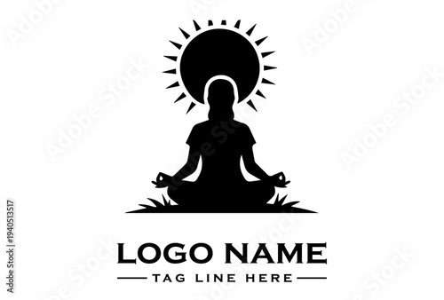 Black silhouette of a meditating person in lotus position under a sun symbol on a white background with a placeholder logo and tagline.