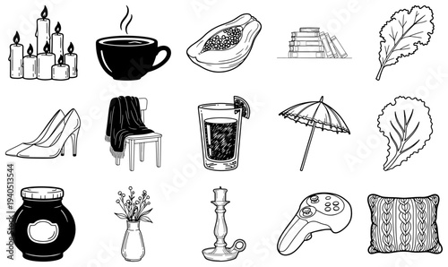 Black and white line of various household and leisure