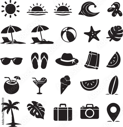 Collection of black and white icons representing various beach and vacation elements for graphic design use in travel and tourism promotional materials worldwide daily.