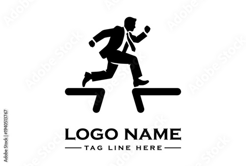 A black silhouette logo of a man in business attire jumping over a gap with placeholder text on a white background.