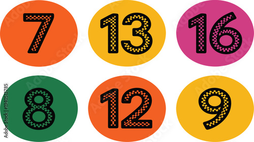 Colorful Vector Set of Textured Circular Buttons Featuring Numbers with Speckled Dots Ideal for Badges, Price Tags, Calendar Dates, Lottery Games, and Retro Design Elements