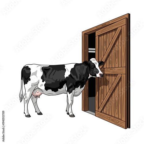 Dairy cow standing by an open barn door illustration