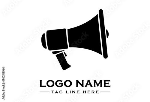 Black silhouette icon of a megaphone on a white background with text placeholder for logo name and tagline.