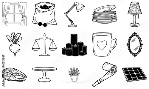 Black and white line of various household line black and white