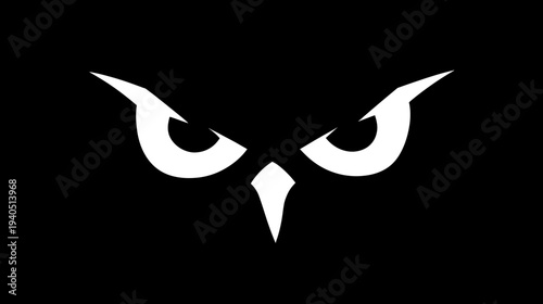Stylized white owl eyes with a sharp beak on a black background, minimalist vector graphic illustration, wise night predator symbol.