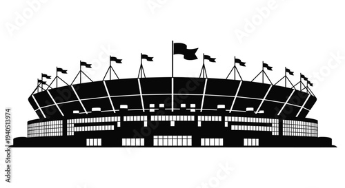 A striking black silhouette of a large stadium with waving flags showcasing detailed architectural features silhouette high quality professional modern elegant