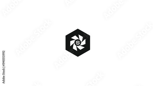 Abstract black hexagon icon with a central circular fan or camera shutter element and the letter S. Modern graphic design element.