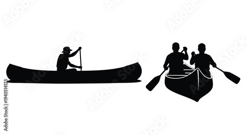 Two canoes with people paddling on water a striking silhouette