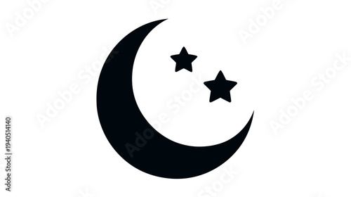 Minimalist black crescent moon and two stars icon on a white background, symbolizing night, sleep, and celestial themes.