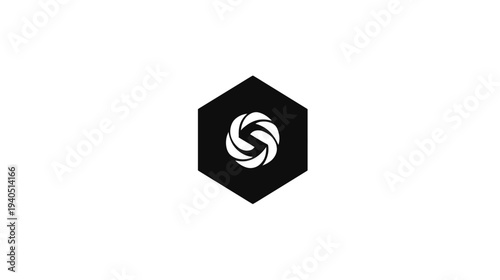 Modern abstract black hexagon icon with a white swirling lens or aperture symbol, perfect for technology, digital, and design concepts.