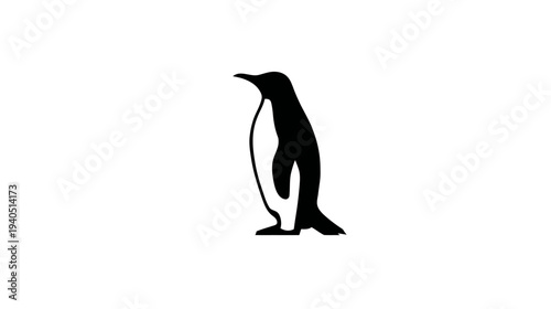 Stylish black and white graphic design of a standing penguin, minimalist vector illustration for winter, ice, arctic, and animal themes