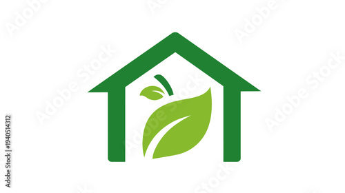 Stylized green house icon featuring a fresh leaf inside, symbolizing eco-friendly living, sustainable home, nature conservation, and environmental care.