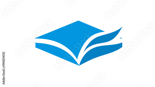 Abstract blue open book icon representing education, learning, knowledge, wisdom, and information. Modern graphic symbol for study and academic concepts.