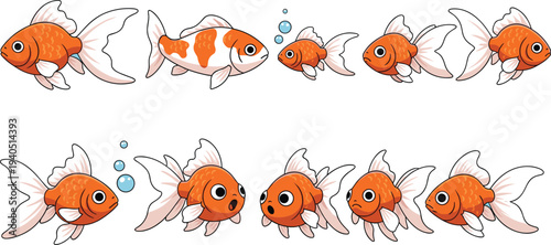 Cartoon goldfish character set, orange koi fish with different emotions and swimming poses, aquatic animal mascot vector illustration, isolated white.